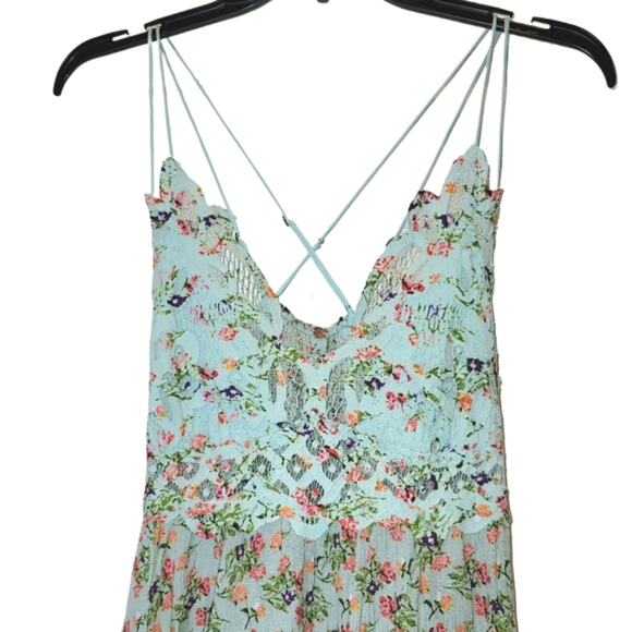 FP Intimately Free People Adella Mini Slip Dress Sz Large Blue Floral Ruffle - Picture 4 of 16